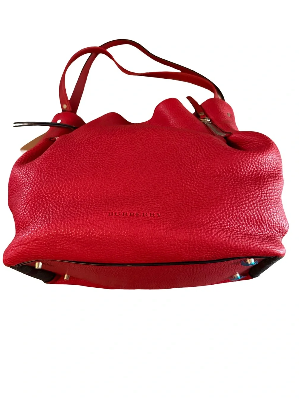 Burberry Red Pebbled Leather Shoulder Bag with Check Canvas Panel